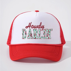Vintage red and white trucker hat with Howdy DARLIN' print and retro mesh back