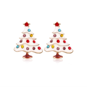 White enamel Christmas tree stud earrings with colorful rhinestones and gold trim