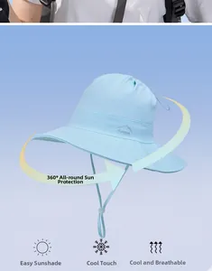 Détail d'un chapeau de soleil bleu clair avec large bord, broderie Sport et trou queue de cheval