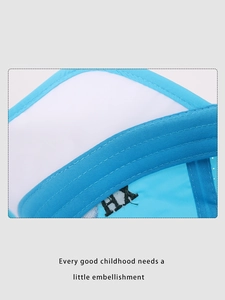 Detail of blue and white breathable mesh kids cap with HX embroidery and durable stitching