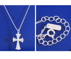 Detail view of S925 sterling silver cross pendant necklace with clasp and hallmark