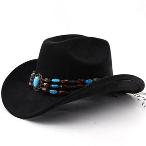 Detail view of black suede cowboy hat with turquoise ethnic beaded band and curved brim