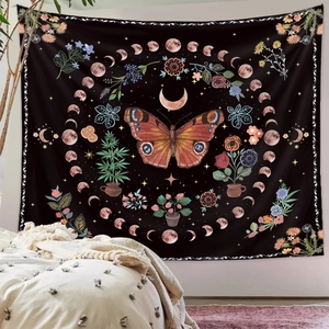 Black aesthetic butterfly tapestry with moon phases and flowers for bedroom wall decor