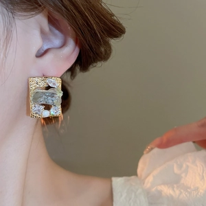 French vintage gold square stud earrings with green zircon and pearls for women