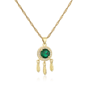 Elegant 18K gold plated necklace with green gemstone dreamcatcher pendant and feathers