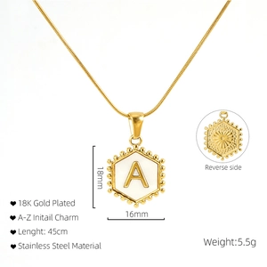Detail of 18K gold plated hexagon initial pendant with 45cm chain and dimensions