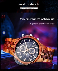 Détail d'une montre homme en bois avec verre minéral résistant aux rayures et texture boisée