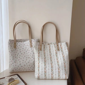 Sac Fourre-tout Floral Pastoral Français Sac À Épaule En Toile De Coton Épaissie Avec Lanières En Cuir Sac À Main Doux Pour Femmes