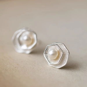 Lotus Flower Freshwater Pearl Earrings Earring Post Geometric Textured Retro Elegant Jewelry Women