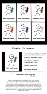 Detailed chart of natural 30mm hexagonal crystal pillars with Make Magic Happen cards
