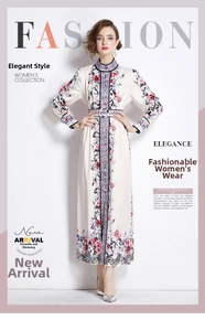 Detail of elegant stand collar and floral print patterns on long sleeve midi dress
