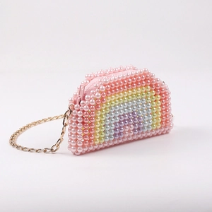 Mini pearl rainbow beaded crossbody bag with elegant golden metal chain strap