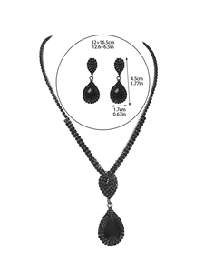 Detailed view of black rhinestone jewelry set with precise necklace and earring dimensions