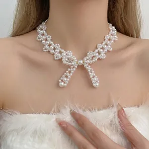 Vintage Elegant Bowknot Artificial Pearl Necklace Stainless Steel Woven Hollow Lace Clavicle Chain For Women Jewelry French Style