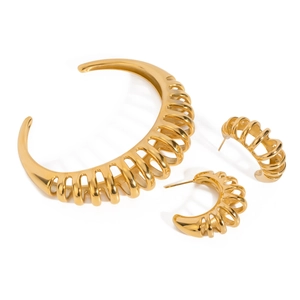 18k gold plated stainless steel hollow cuff bracelet and ribbed earring jewelry set