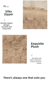 Detail of plush checkered toiletry bag featuring dual zippers and durable khaki texture
