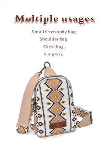 Detail of bohemian canvas crossbody bag featuring geometric patterns and durable metal zippers