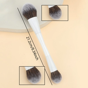 Detail view of double-ended foundation brush with dimensions and fiber bristle textures