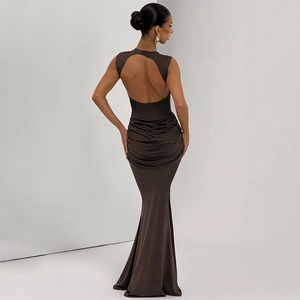 Detail of dark brown backless fishtail dress with elegant ruched fabric and slim fit