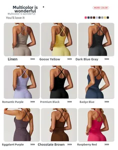 Detail showing cross-back yoga vests in 9 different colors with thin shoulder straps
