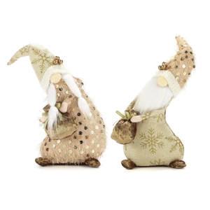 Sequin Christmas gnome figurines set with champagne fabric and gold snowflake patterns