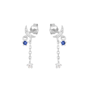 Eleganti orecchini a nappa S925 in argento con luna e stella e zirconi blu