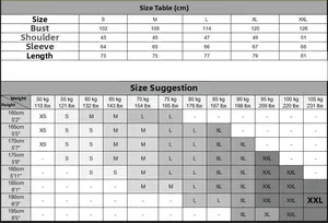 Detailed size chart for men's vintage denim shirts with measurements from S to XXL