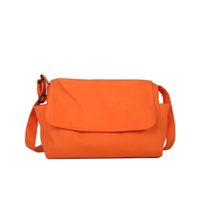 Orange oxford fabric messenger bag with side pockets and a flap cover for casual daily use