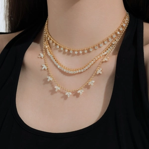 Three-layer gold S925 sterling silver olive leaf necklace with zircon tassels