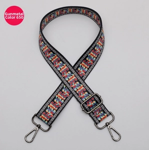 Close-up of thick adjustable strap with colorful wave patterns and gunmetal hooks