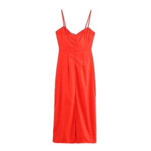 Elegant red satin midi dress with thin straps, back zipper and slit, back view perspective
