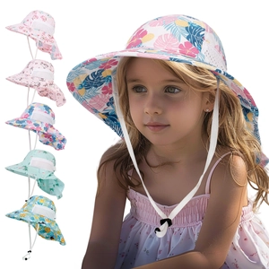 Kids quick-dry wide brim sun hat with floral patterns and breathable mesh side panels