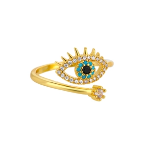 Adjustable gold evil eye open ring with turquoise and clear crystal stones