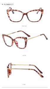 Three-way view of tortoise cat-eye glasses frame with golden metal temples model C7