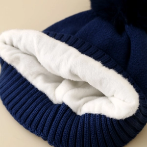 Bonnet en tricot bleu marine pour enfant avec doublure polaire chaude et pompon doux