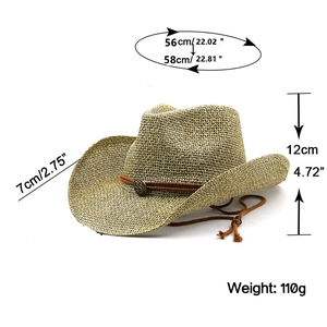 Minimalist hand-woven straw western cowboy hat with brown cord and vintage metal buckle
