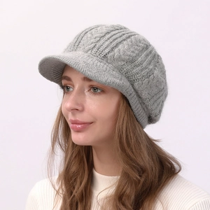 Gorro de Invierno Cálido para Mujer de Punto de Ocho Con Visera Forro de Felpa Gorra Newsboy de Acrílico y Pelo de Conejo Sintético