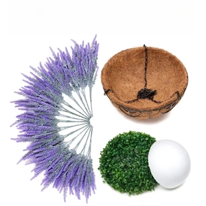 DIY garden set with lavender bouquet, coconut fiber basket, moss ball, and foam base