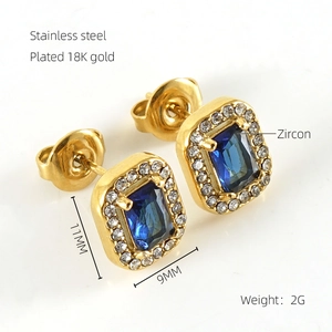 Detail showing 18K gold plated stainless steel square earrings with blue zircon