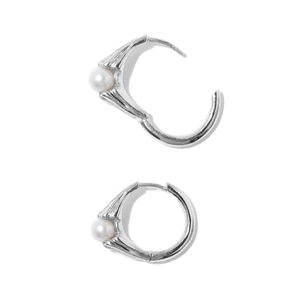 S925 sterling silver hoop earrings with white round pearl and textured metallic finish