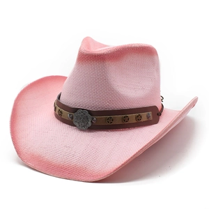 Pink gradient straw cowboy hat with vintage metal star studs and leather decorative band