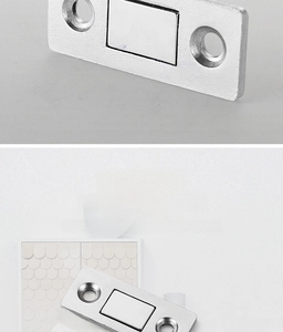 Magnetic door catch with brushed finish, including screws and adhesive mounting accessories
