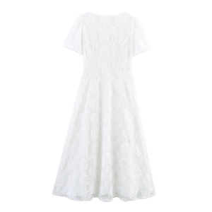 Elegant white floral lace maxi dress with short sleeves and a slim waist A-line silhouette