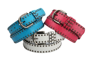 Punk style leather belts with metal rivets in blue pink and white colors with silver buckles