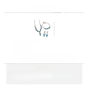 Macro shot of copper necklace and earring set with blue rhinestones and detailed dimensions