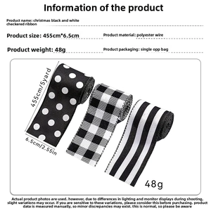 Detail showing dimensions and material of black and white plaid Christmas ribbons