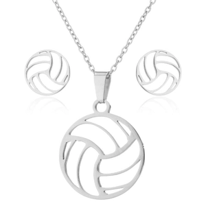Détail de la parure de bijoux volley-ball argentée avec pendentif ajouré et boucles d'oreilles
