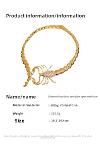 Detailed specs of gold rhinestone scorpion choker with alloy material and 116.3g weight