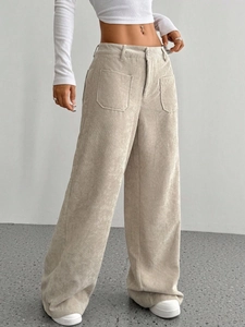 Pantaloni a gamba larga in velluto a coste beige da donna con vita alta e drappeggio