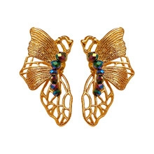Elegant gold butterfly stud earrings with colorful beads on a white background